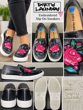 Dirty Laundry Black Crushed Velvet Floral Embroidered Slip On Sneakers 7.5